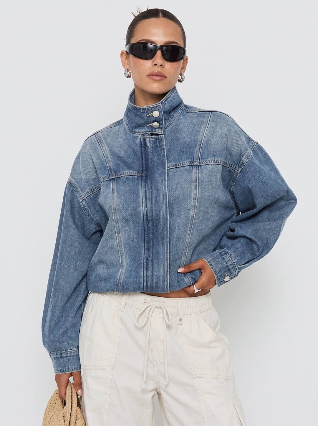 model wearing the smaibulun denim bomber jacket
