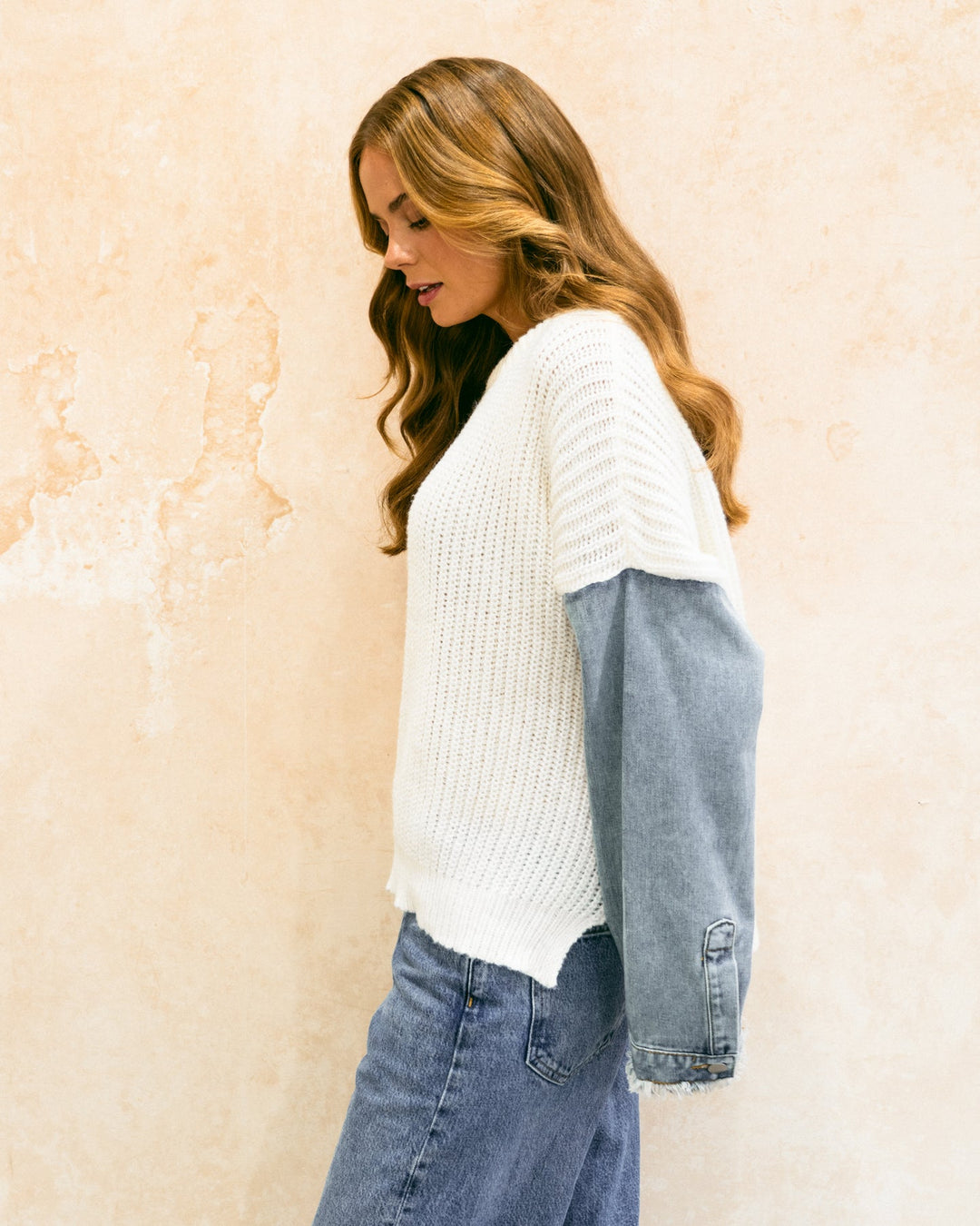 white ebby and I knit jumper with contrast denim sleeve